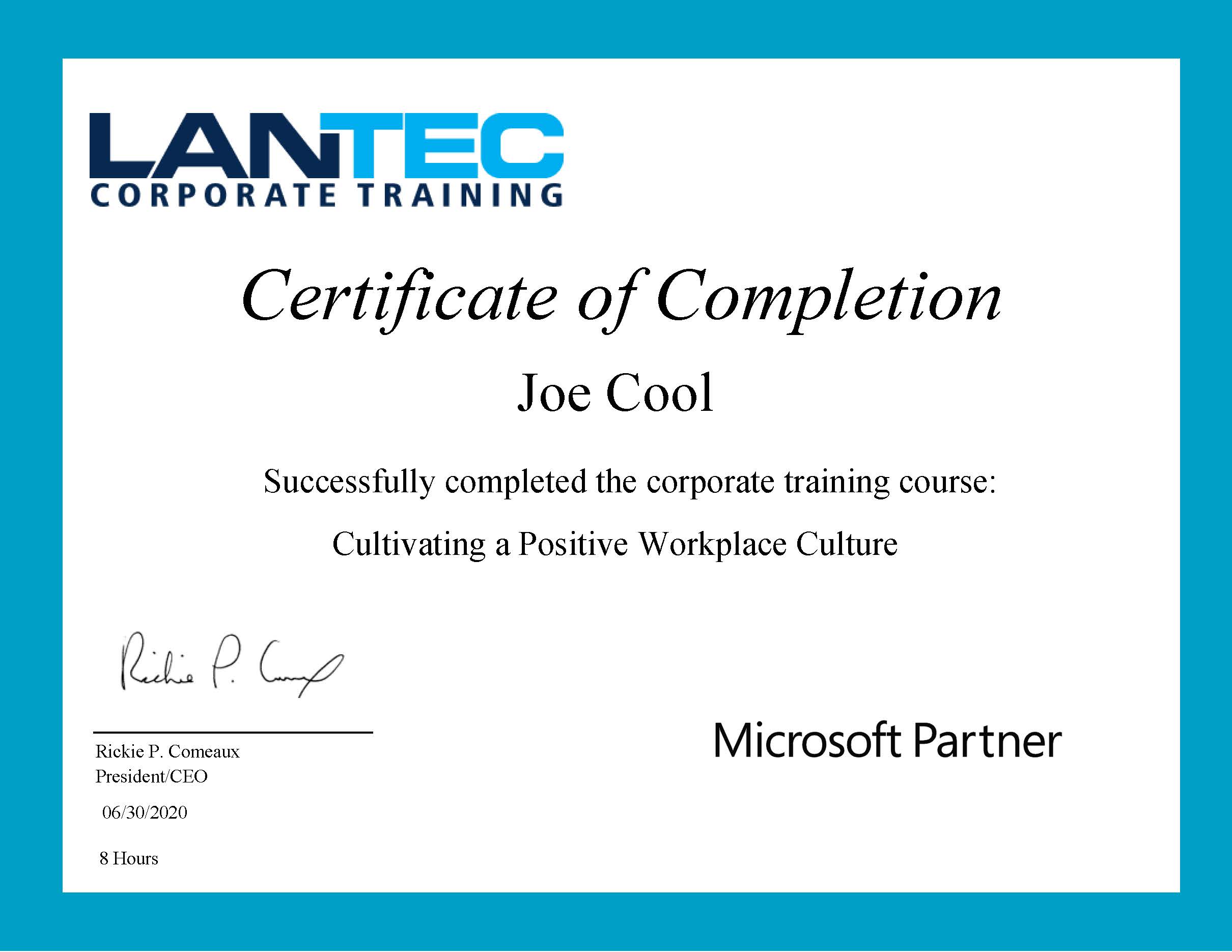 Lantec Training Certificate